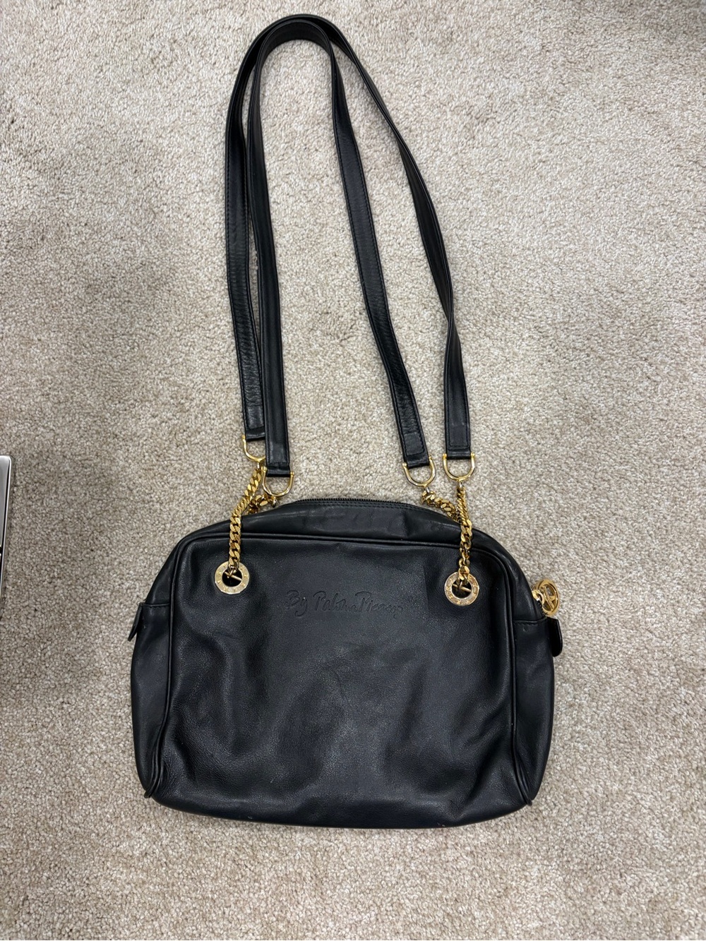 Paloma Picasso Black Leather Shoulder Bag with Gold Chain Accents